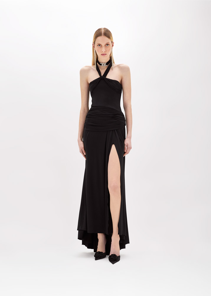 Jersey long dress with drapes