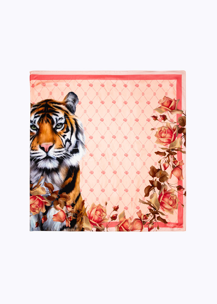 Foulard scarf with tiger and rose print