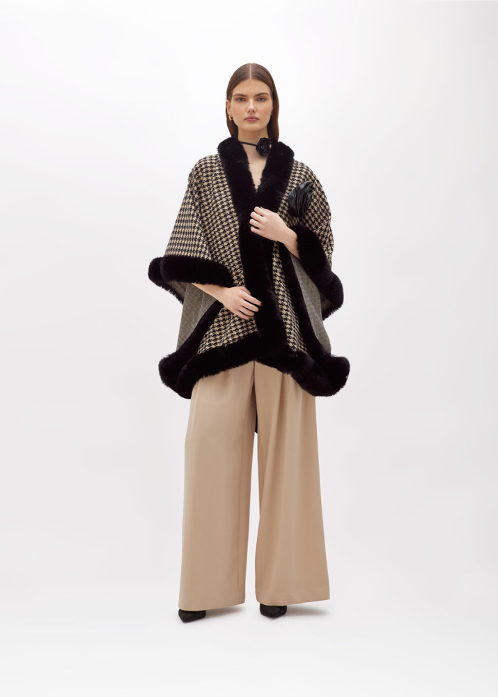 HOUNDSTOOTH CAPE WITH FAUX FUR