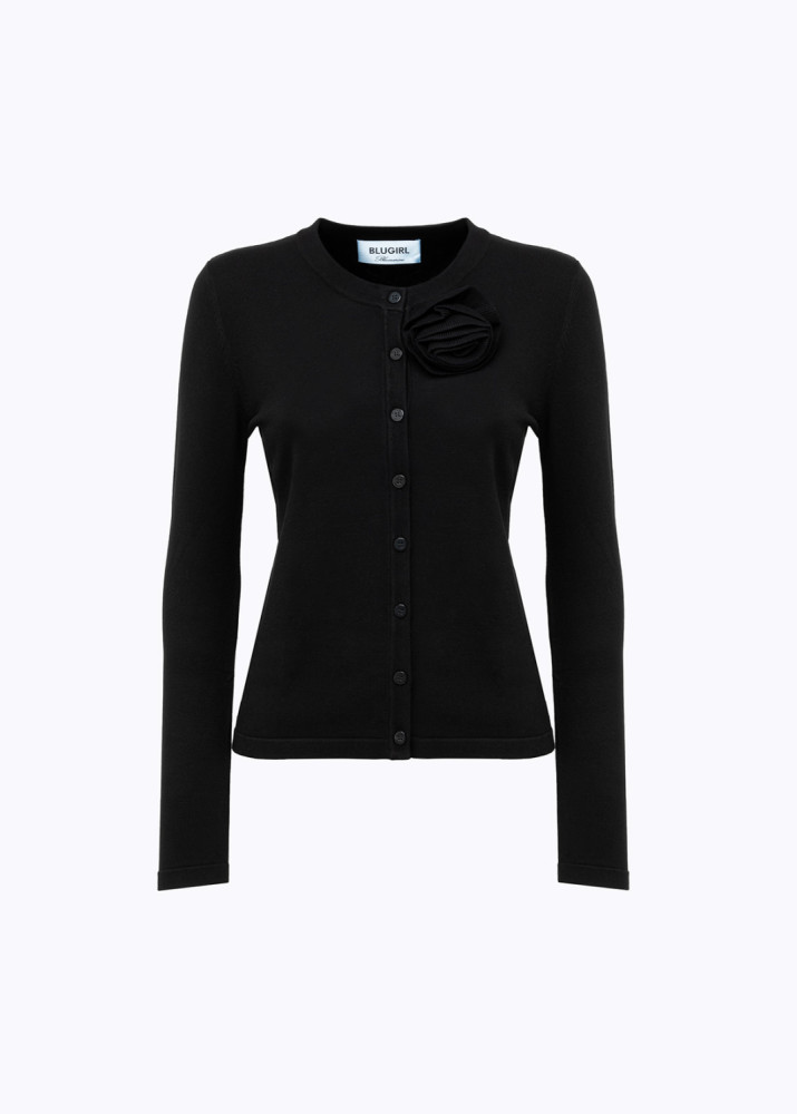 STRIPED CARDIGAN WITH ROSE BROOCH