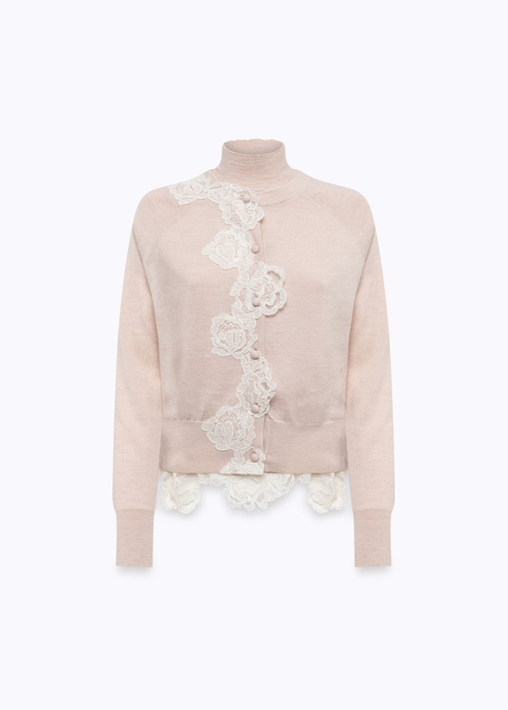 WOOL CARDIGAN AND TURTLENECK TOP WITH LACE