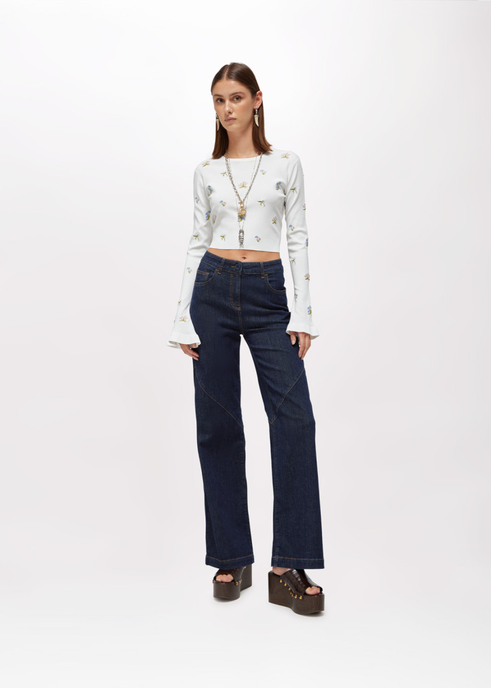 CROPPED VISCOSE KNIT TOP WITH EMBROIDERY
