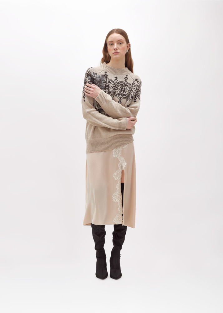 JACQUARD WOOL SWEATER WITH LACE