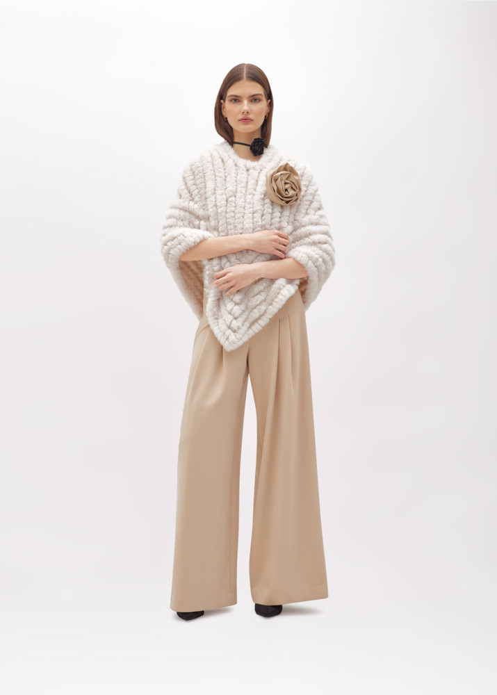 FAUX FUR PONCHO WITH BROOCH