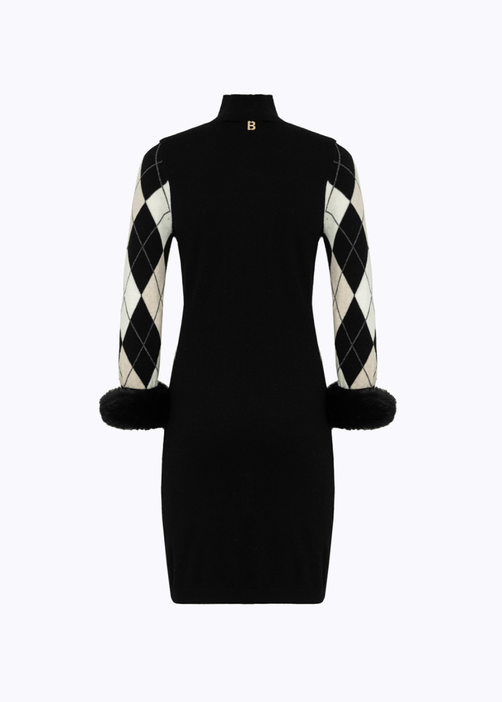 DIAMOND PATTERN DRESS WITH FAUX FUR CUFFS