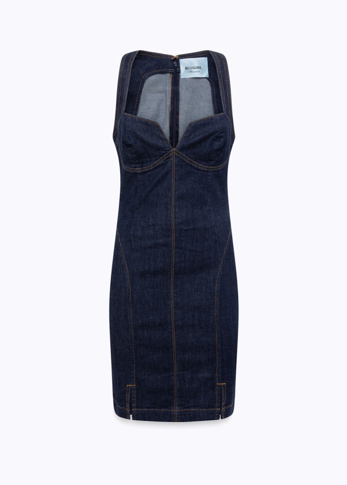 DENIM SHEATH DRESS WITH ROSE BROOCH