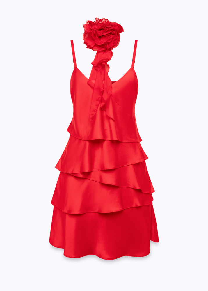 SHORT SATIN DRESS WITH RUFFLES