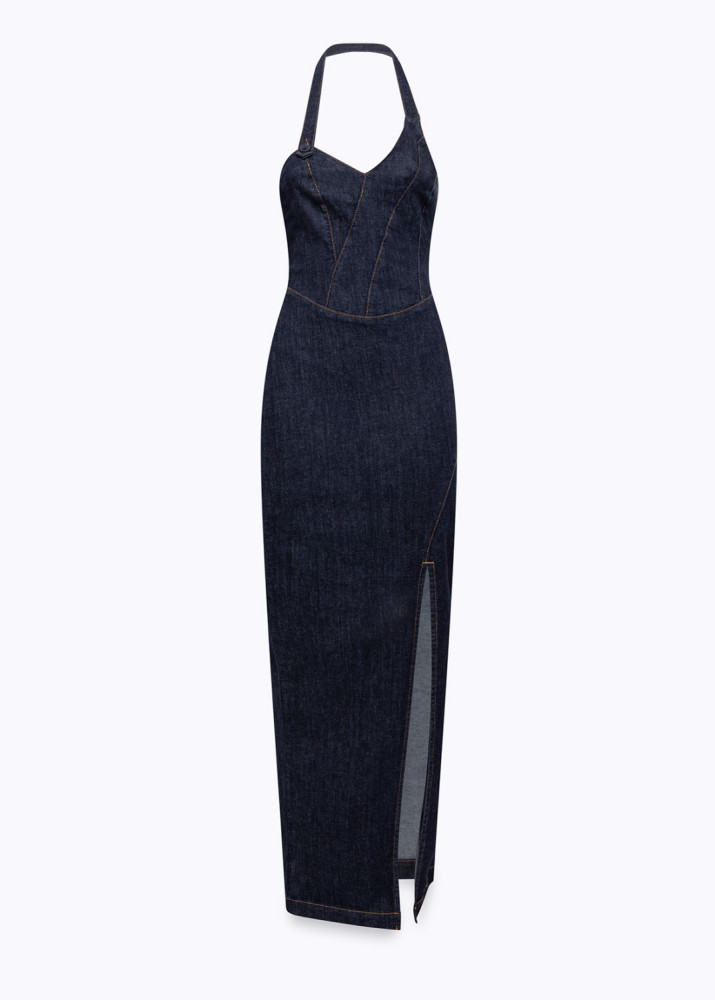 LONG DENIM SHEATH DRESS WITH ROSE BROOCH