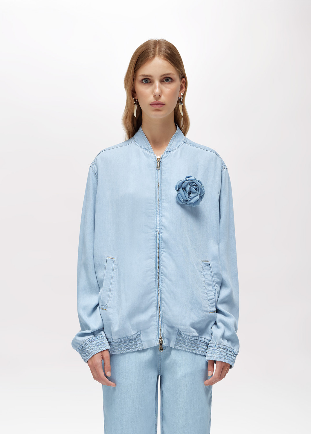 BLUGIRL: LYOCELL DENIM BOMBER JACKET WITH ROSE BROOCH