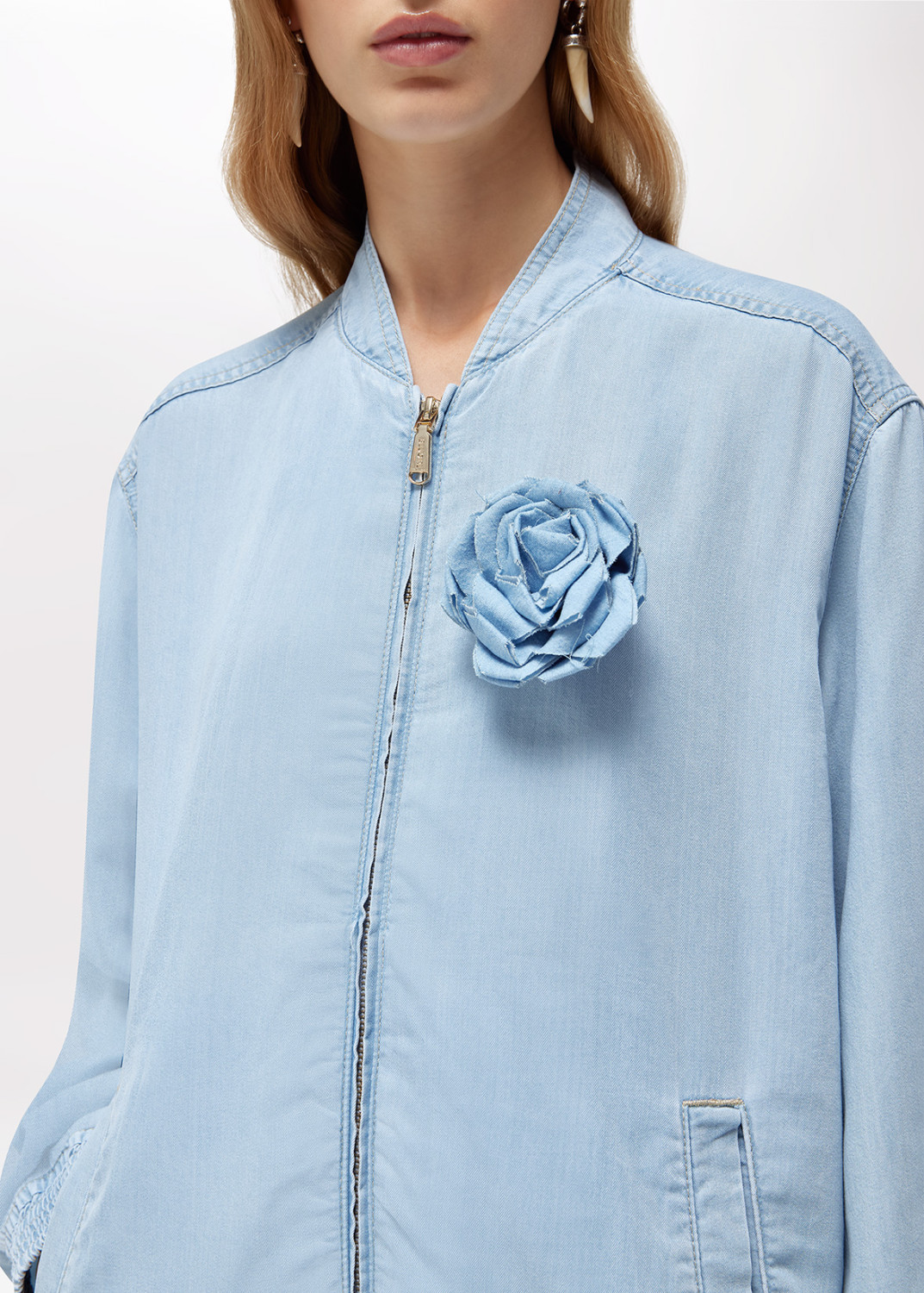BLUGIRL: LYOCELL DENIM BOMBER JACKET WITH ROSE BROOCH