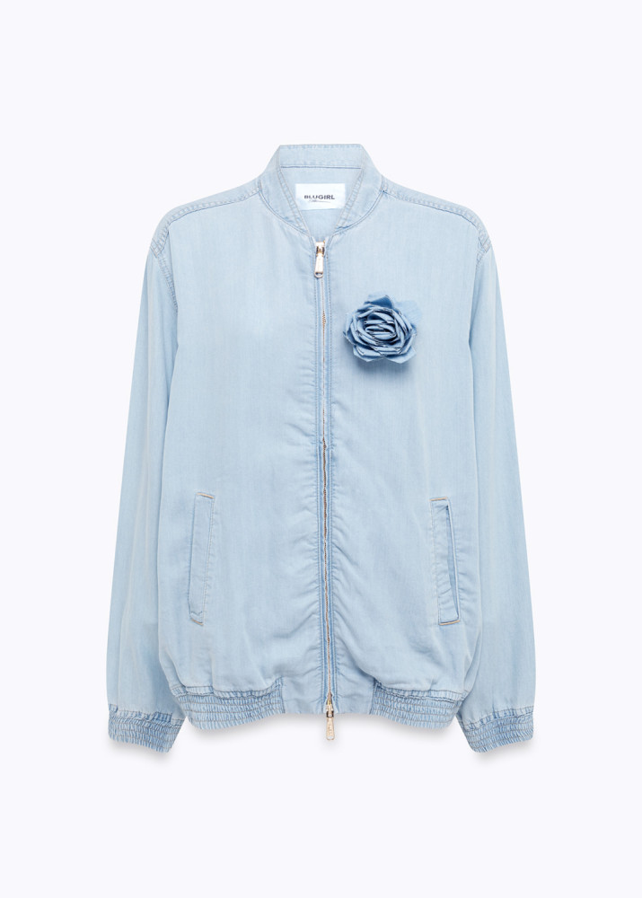 LYOCELL DENIM BOMBER JACKET WITH ROSE BROOCH