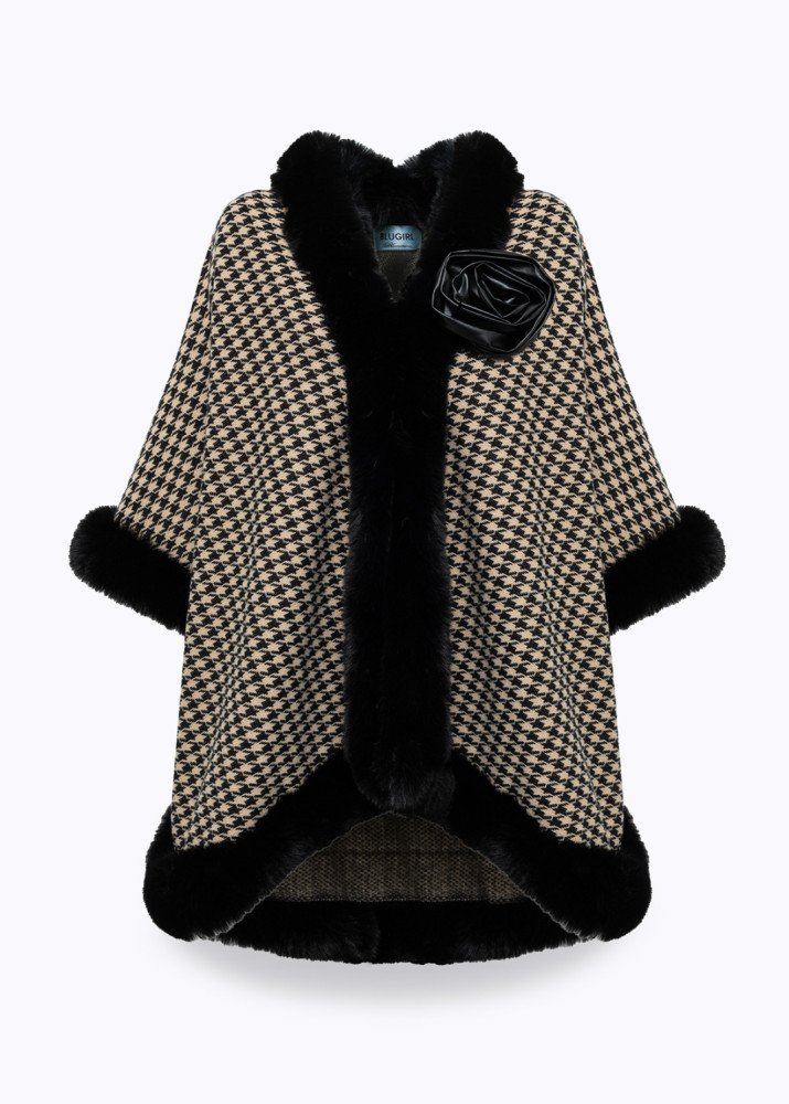 HOUNDSTOOTH CAPE WITH FAUX FUR