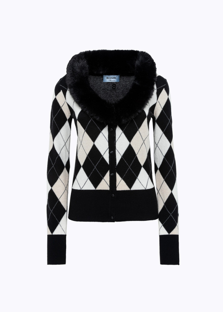 DIAMOND PATTERN CARDIGAN WITH FAUX FUR COLLAR