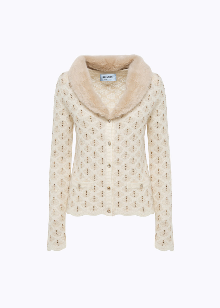 CARDIGAN WITH RHINESTONES AND FAUX FUR COLLAR