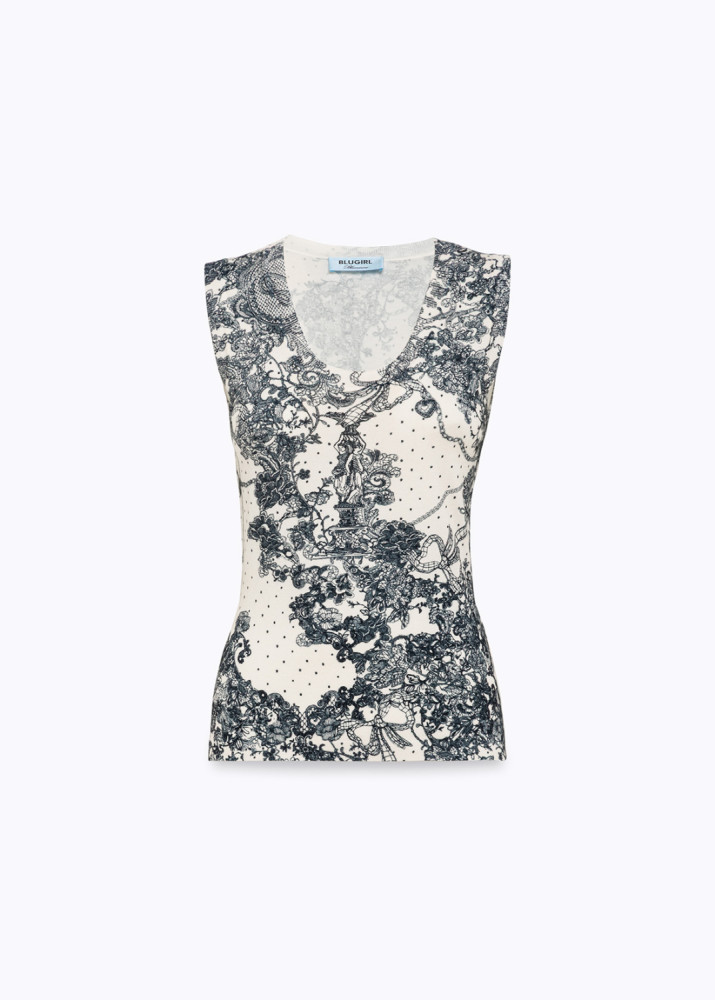 LACE-PRINT KNIT CARDIGAN AND TOP SET