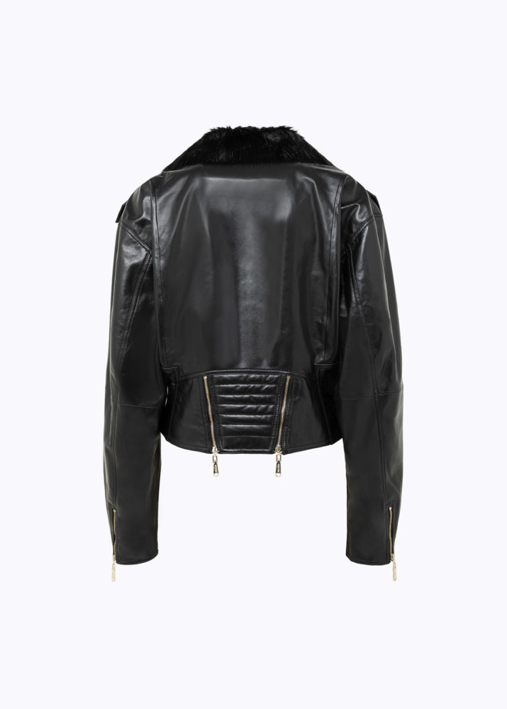 LEATHER BIKER JACKET WITH COLLAR IN FAUX FUR