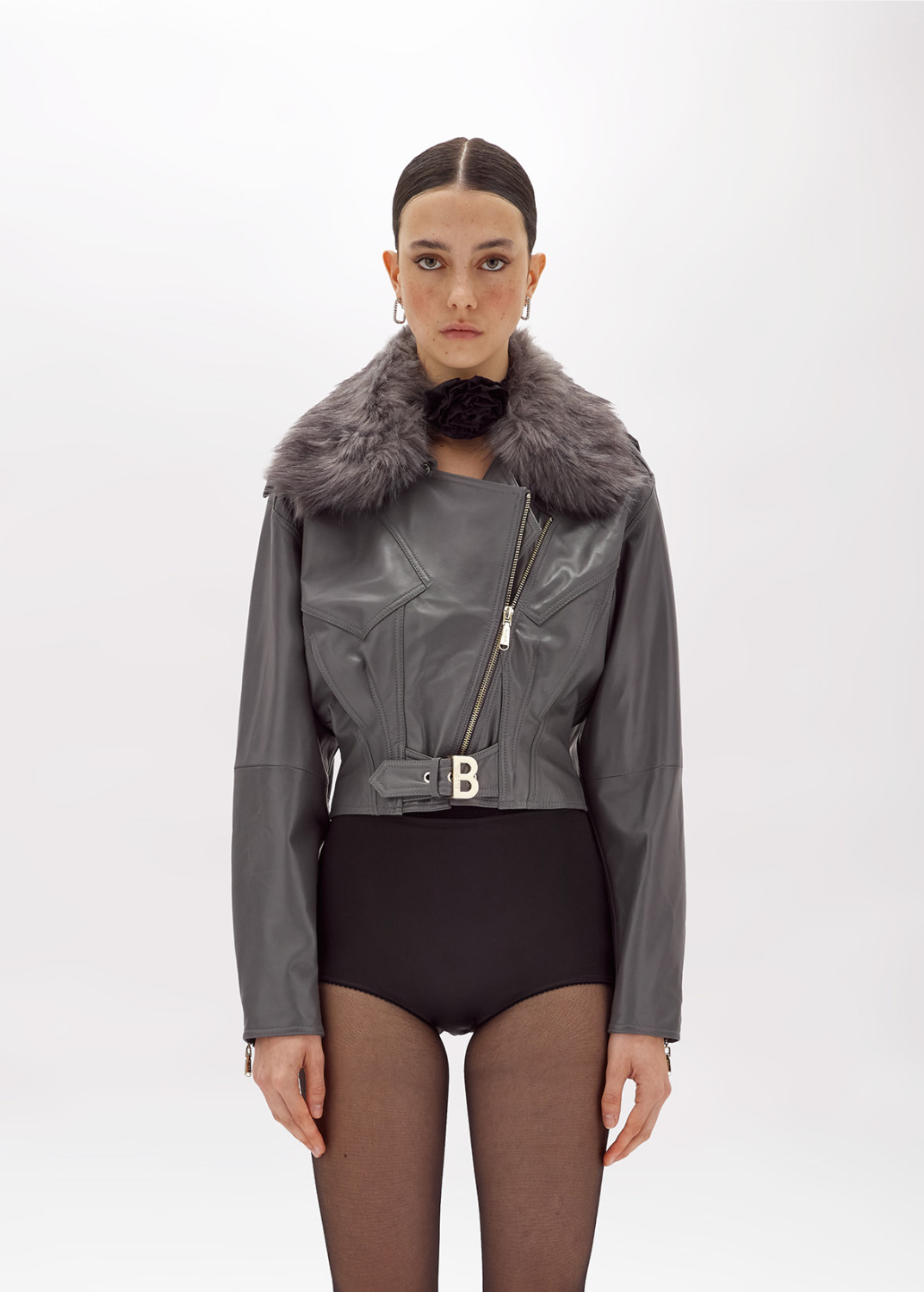 BLUGIRL: LEATHER BIKER JACKET WITH FAUX FUR COLLAR