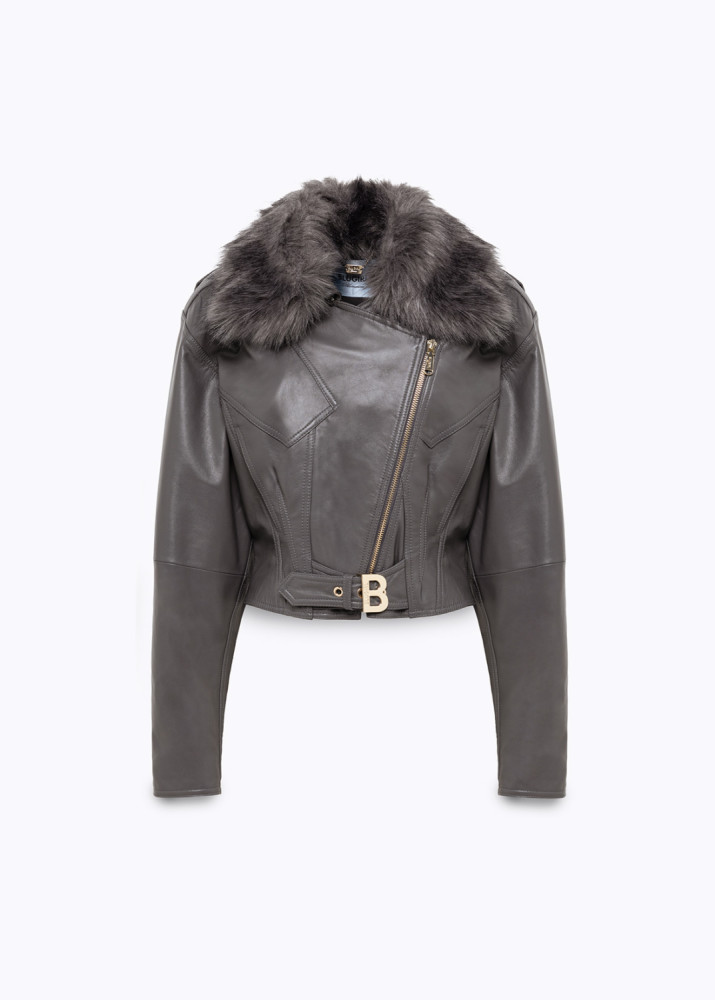 LEATHER BIKER JACKET WITH FAUX FUR COLLAR