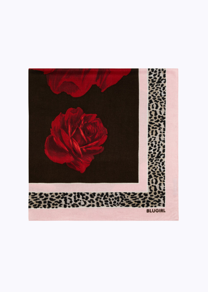 SILK SCARF WITH LARGE ROSES AND ANIMAL PRINT