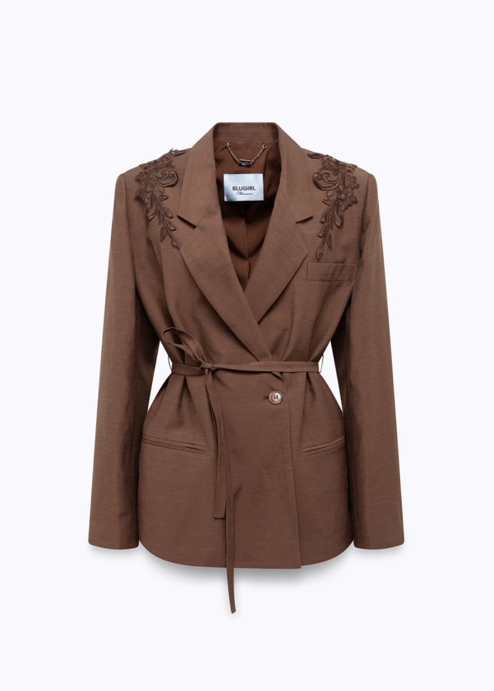 OVERSIZED LINEN-BLEND BLAZER WITH EMBROIDERY