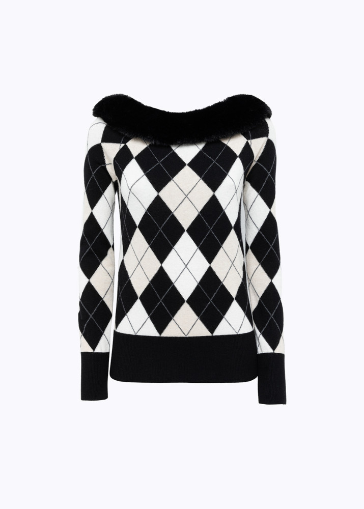 DIAMOND PATTERN SWEATER WITH FAUX FUR COLLAR