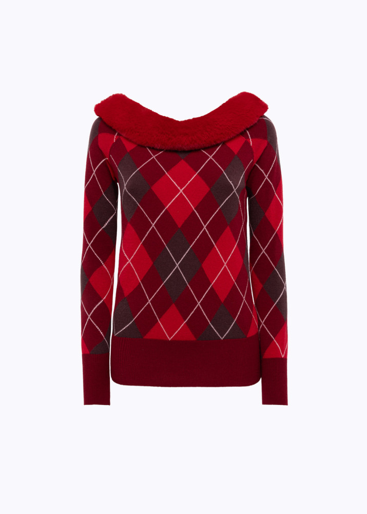 DIAMOND PATTERN SWEATER WITH FAUX FUR COLLAR