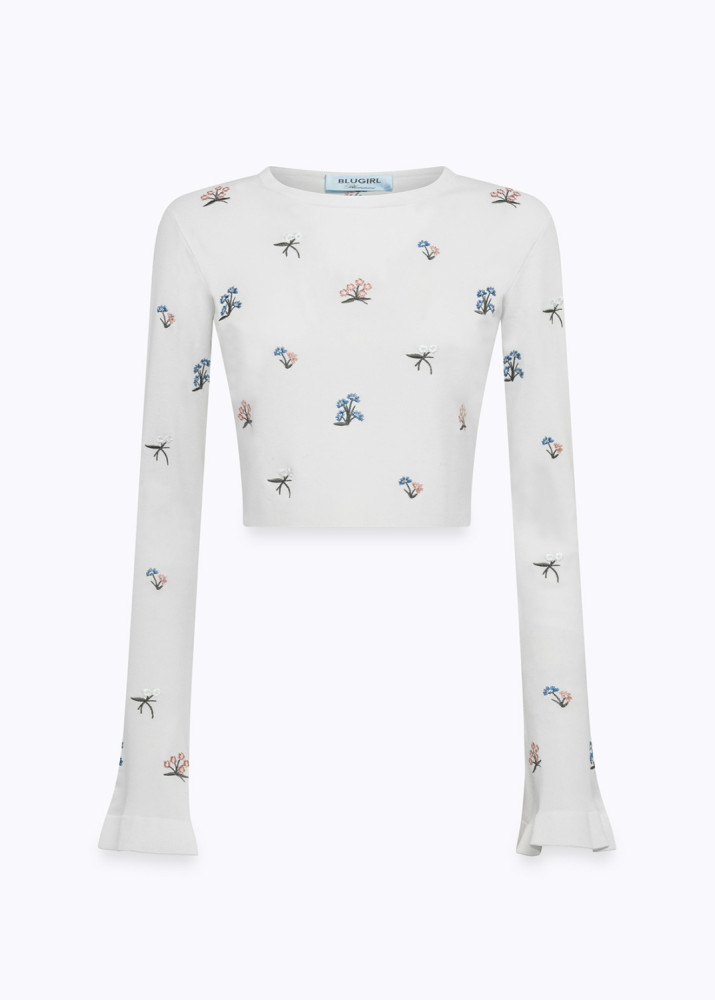 CROPPED VISCOSE KNIT TOP WITH EMBROIDERY