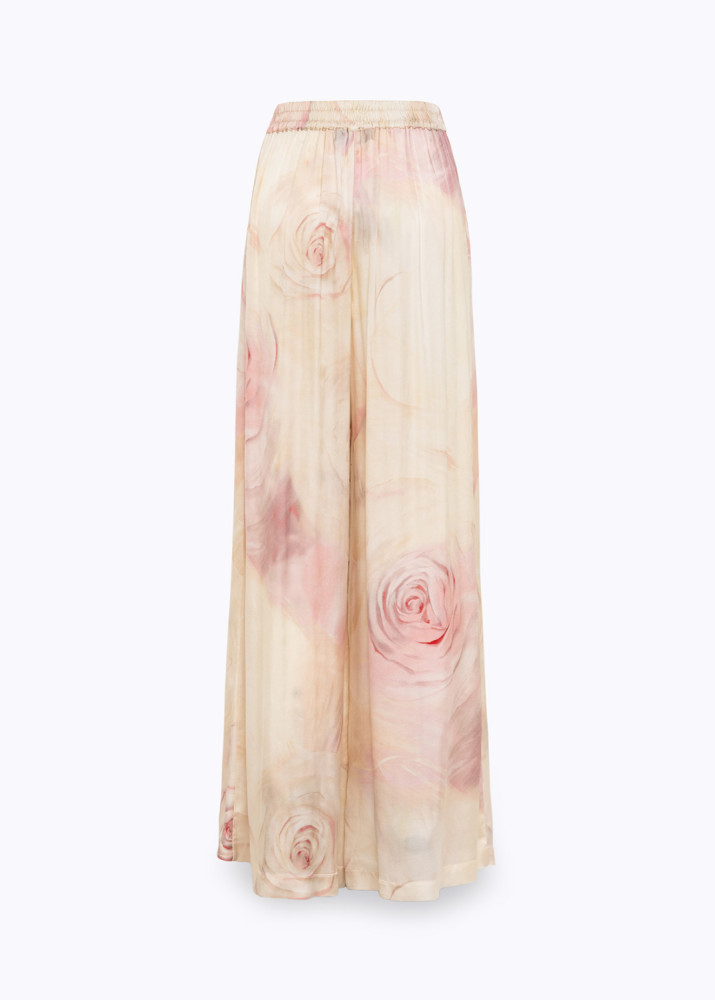 WIDE-LEG ROSE-PRINT SATIN TROUSERS