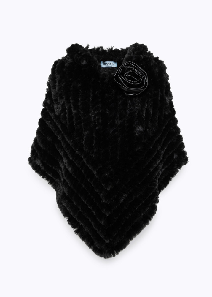 FAUX FUR PONCHO WITH BROOCH