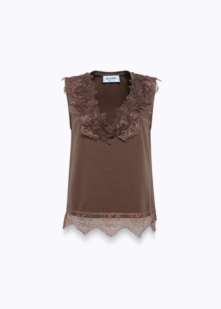 COTTON JERSEY TOP WITH LACE TRIM